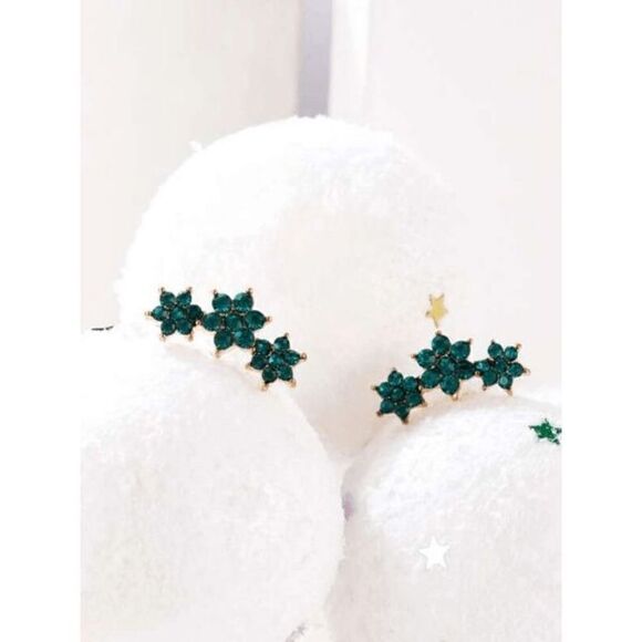 GOLD EMERALD FLOWER EAR CRAWLER STUD EARRINGS - Picture 5 of 5